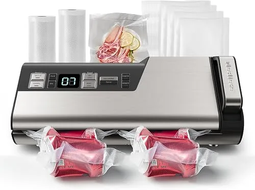 Vakuumiermaschine, 95 kPa 140 W, Einhandbedienung, Lebensmittelversiegelung, Doppeldichtungsstreifen mit integriertem Cutter und Countdown-Anzeige, 2 Beutelrollen, 5 vorgeschnittene Beutel,