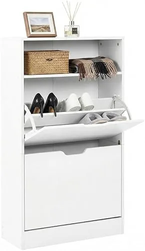 EGGREE Schmaler Schuhschrank mit Offenem Fach, 2 Klappen Türen und Verstellbaren Böden für Flur, Diele, Eingangsbereich, 60x24x102cm, Weiß