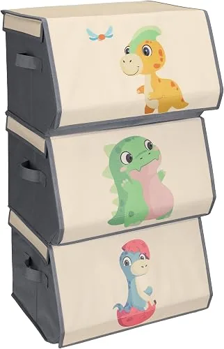 Navaris 3x Aufbewahrungsbox mit Deckel Stoff - 38 x 35 x 25 cm - Aufbewahrung Box mit Deckel - Organizer Box - Aufbewahrungsbox stapelbar - Spielzeug Organizer Set im Dino Design